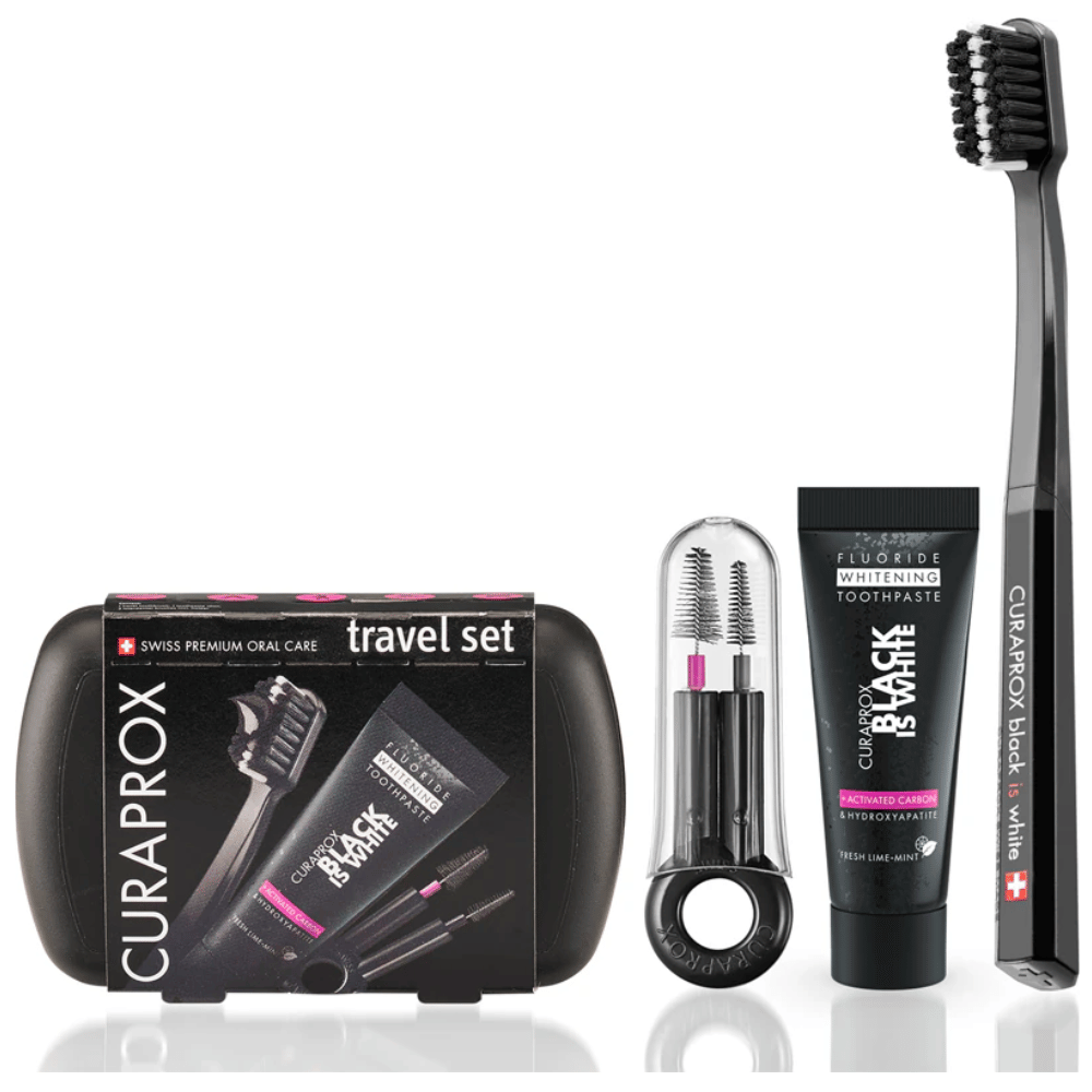Curaprox Be You Black Is White Travel KitCarbon Interdental Brush, 10ml Black Is White Toothpaste, Black Is White Travel Pouch