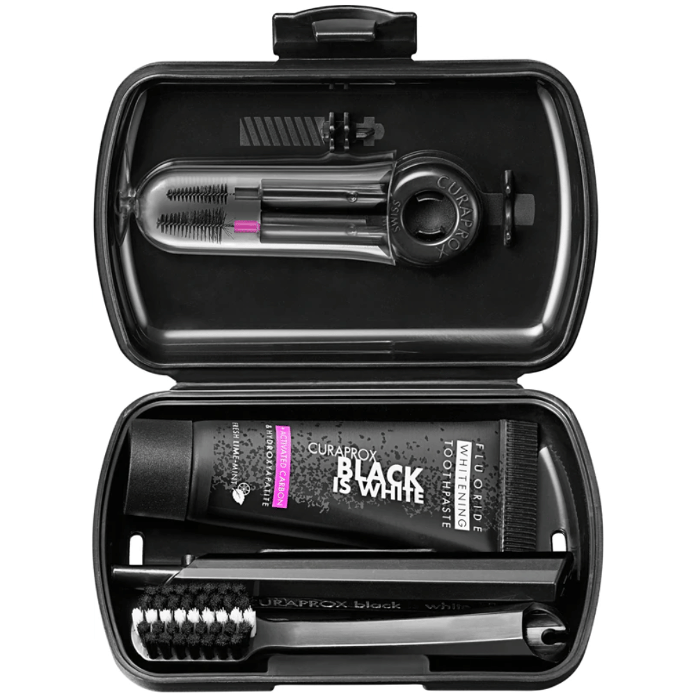 Curaprox Be You Black Is White Travel KitCarbon Interdental Brush, 10ml Black Is White Toothpaste, Black Is White Travel Pouch