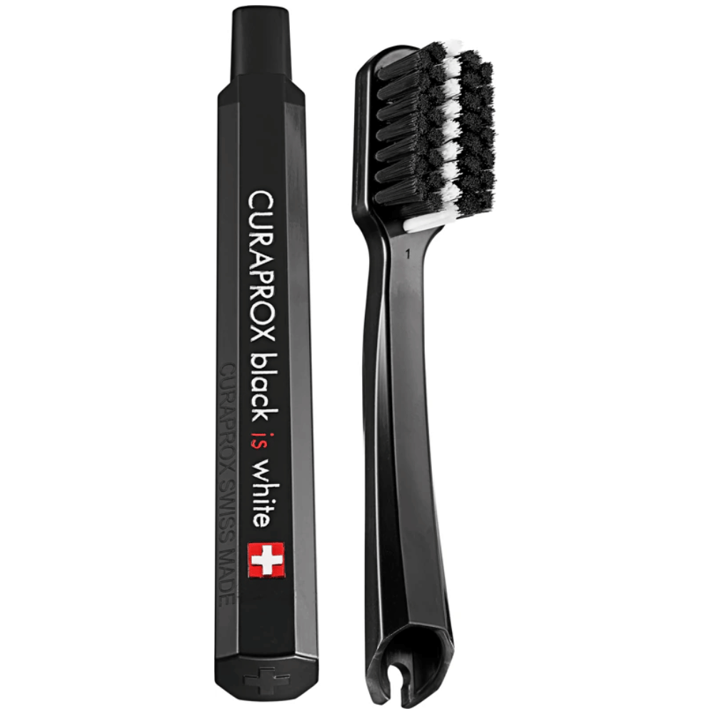 Curaprox Be You Black Is White Travel KitCarbon Interdental Brush, 10ml Black Is White Toothpaste, Black Is White Travel Pouch