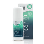 Neat Feat Roll-On Foot Deodorant in a white bottle with a green label and a white cap, with its packaging box displayed in the background.