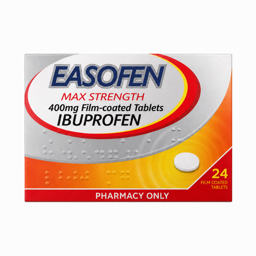 Box of EASOFEN Max Strength Ibuprofen tablets on a white background