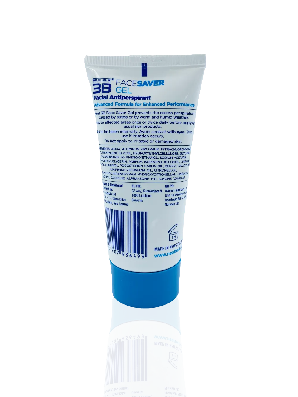 Back of tube of FaceSaver facial antiperspirant on a white background