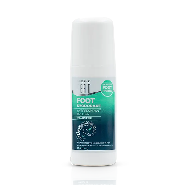 Neat Feat Roll-On Foot Deodorant in a white bottle with a green label and a white cap.