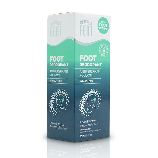 Neat Feat Roll-On Foot Deodorant box in green, blue, and white, displayed at a slight angle to showcase product branding and details.
