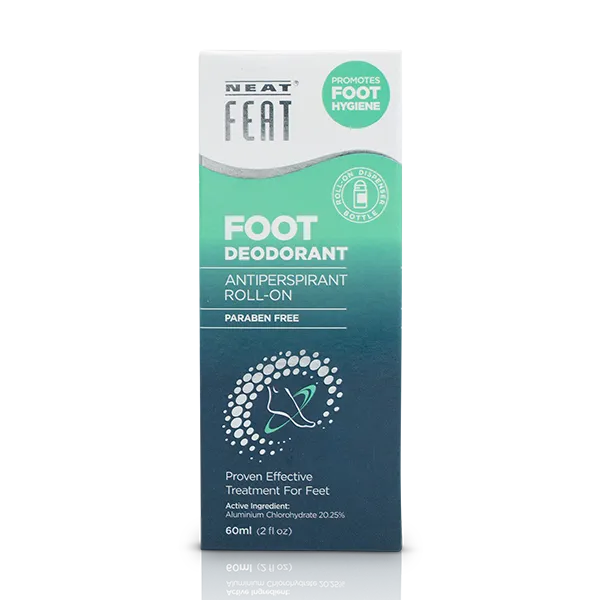 Neat Feat Roll-On Foot Deodorant box in green, blue, and white, displaying product branding and details.