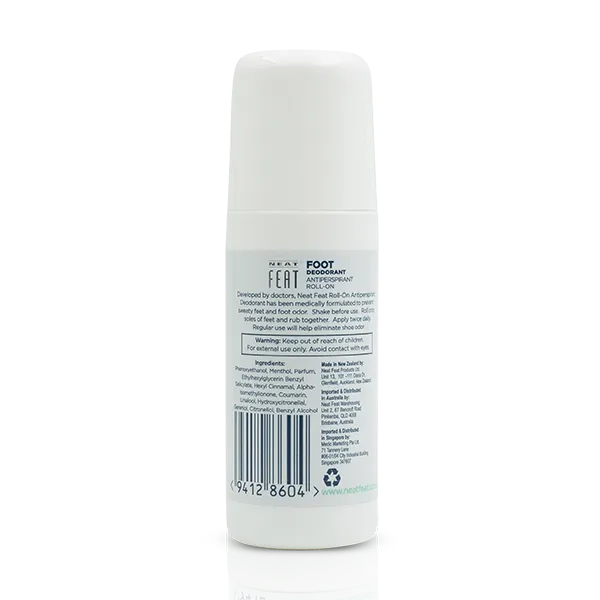 Back of the Neat Feat Roll-On Foot Deodorant bottle, showing product information and usage instructions.