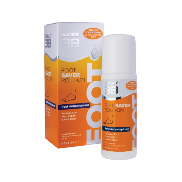 Neat 3B Foot Saver Roll-On Antiperspirant Deodorant box and bottle, featuring a white cap and an orange background, designed for foot odour protection and freshness.