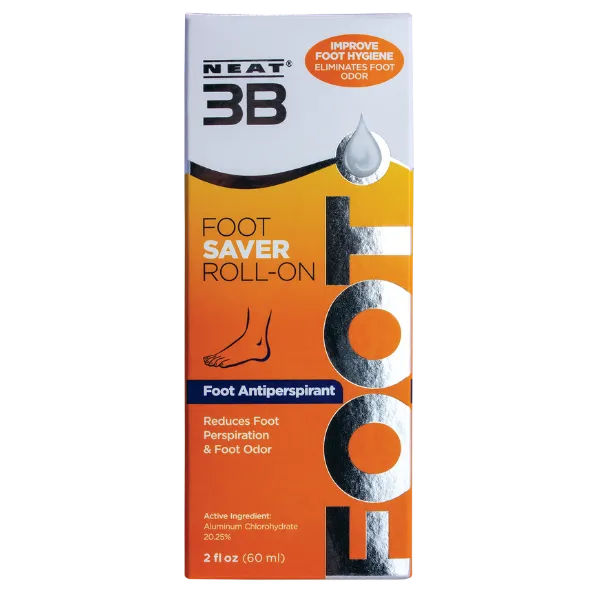 Neat 3B Foot Saver Roll-On Antiperspirant Deodorant box with a vibrant orange background and white text, designed for foot odour protection and freshness.
