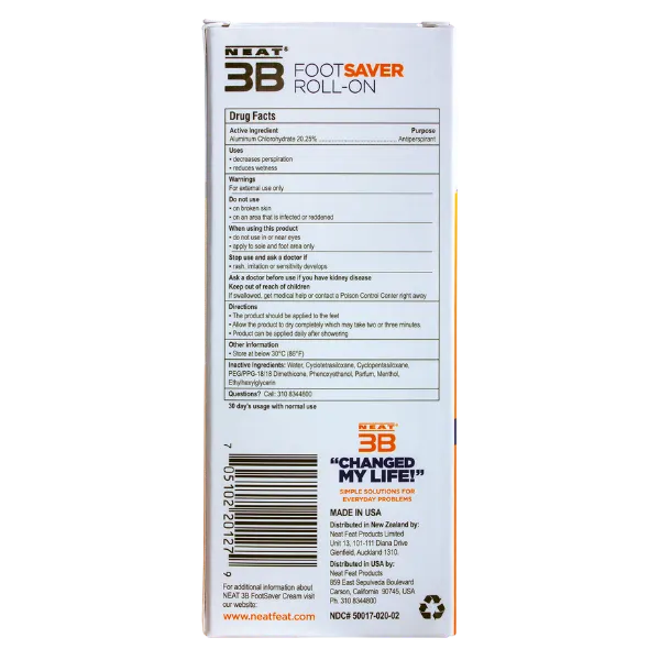 Back of Neat 3B Foot Saver Roll-On Antiperspirant Deodorant box, featuring a white background with mostly black text detailing product information and usage instructions.