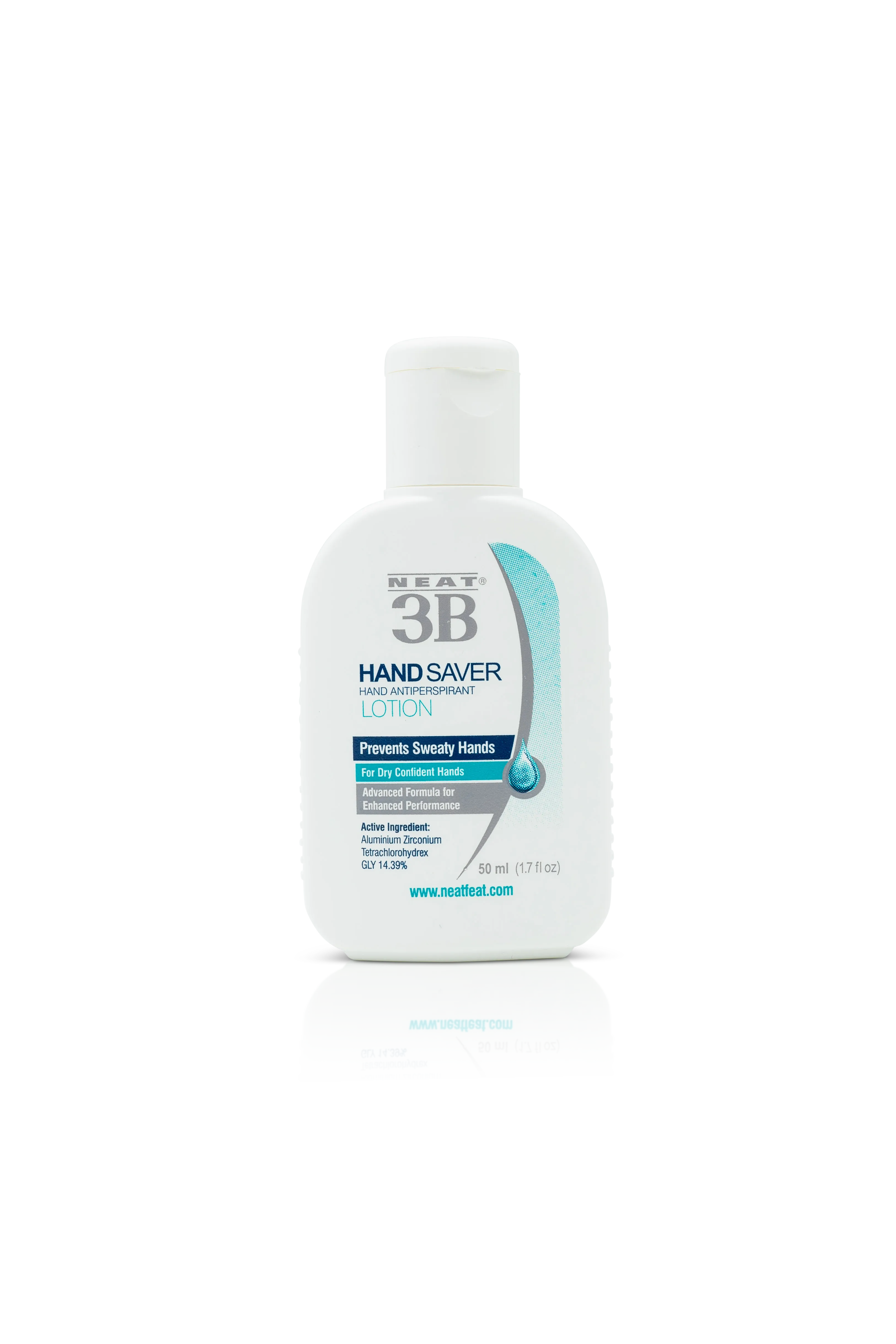 Neat 3B Hand Saver Lotion For Hand Sweat, in a mostly white tube. The design highlights its effectiveness in reducing hand sweat, with clear product information and a simple, easy-to-read layout.
