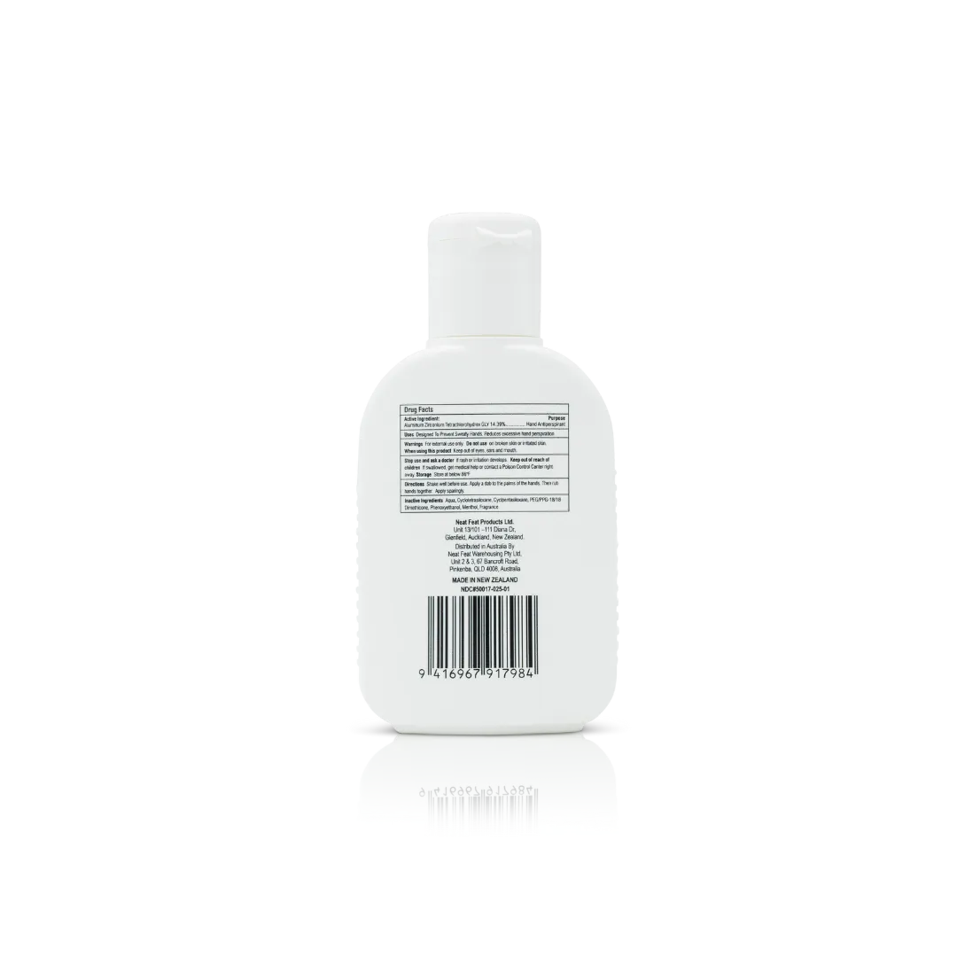 Back of the Neat 3B Hand Saver Lotion For Hand Sweat tube, mostly white with clear product information, usage instructions, and safety details. The design is simple and easy to read, with a clean layout.