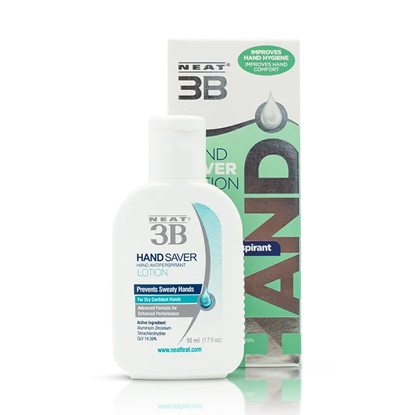 Neat 3B Hand Saver Lotion For Hand Sweat, shown in both the box and tube. The packaging highlights its effectiveness in reducing hand sweat, with clear product information and a simple, easy-to-read design.