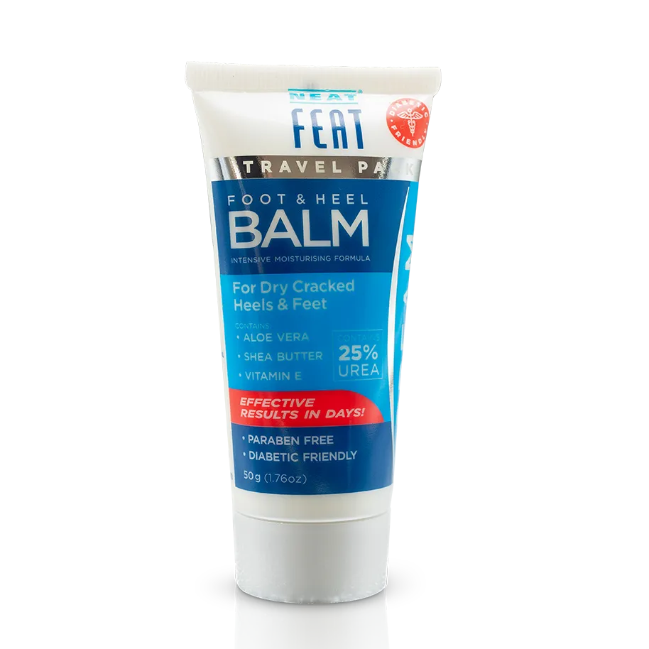 Neat Feat Foot & Heel Balm Travel Pack 50g, white tube with blue label and white cap, designed for moisturising and repairing dry, cracked feet.
