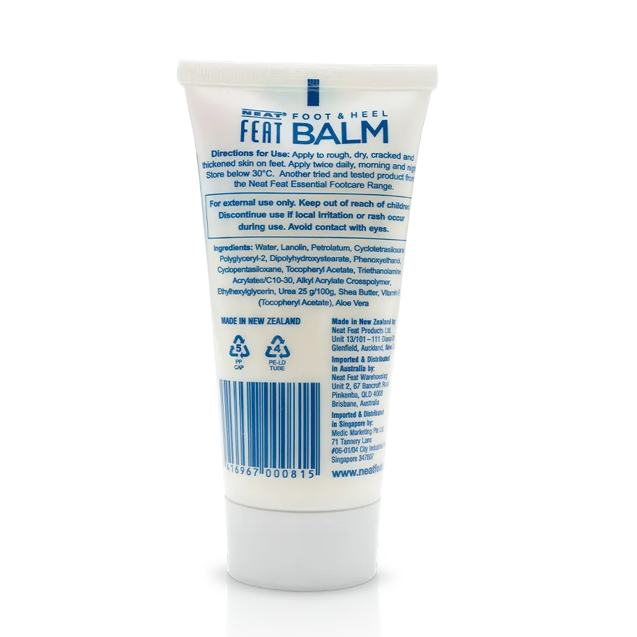 Back of Neat Feat Foot & Heel Balm Travel Pack 50g tube, featuring product information, usage instructions, and a white cap with a blue label.