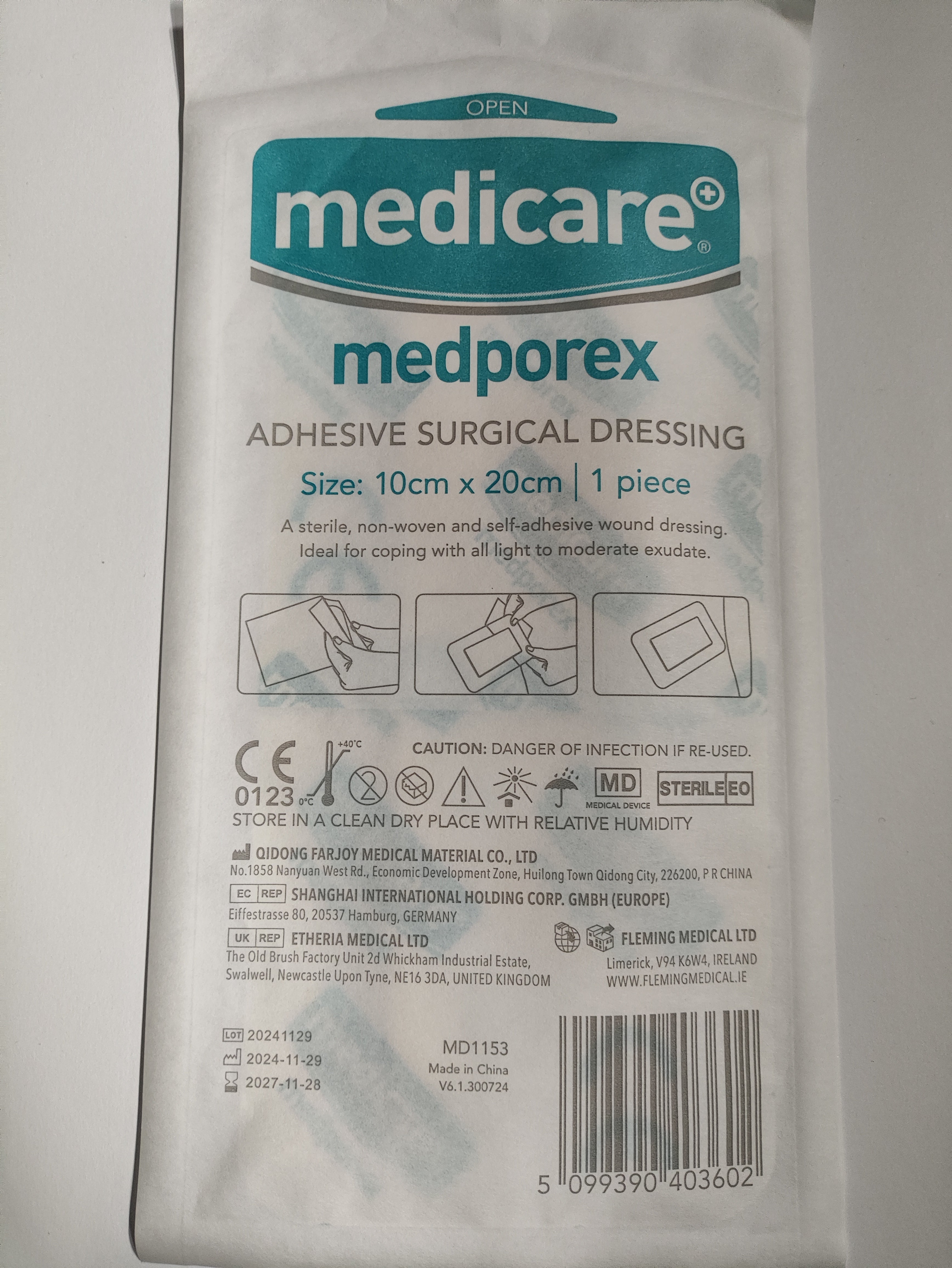 Medporex Adhesive Wound Dressing - 10cm x 20cm (Single Dressing)