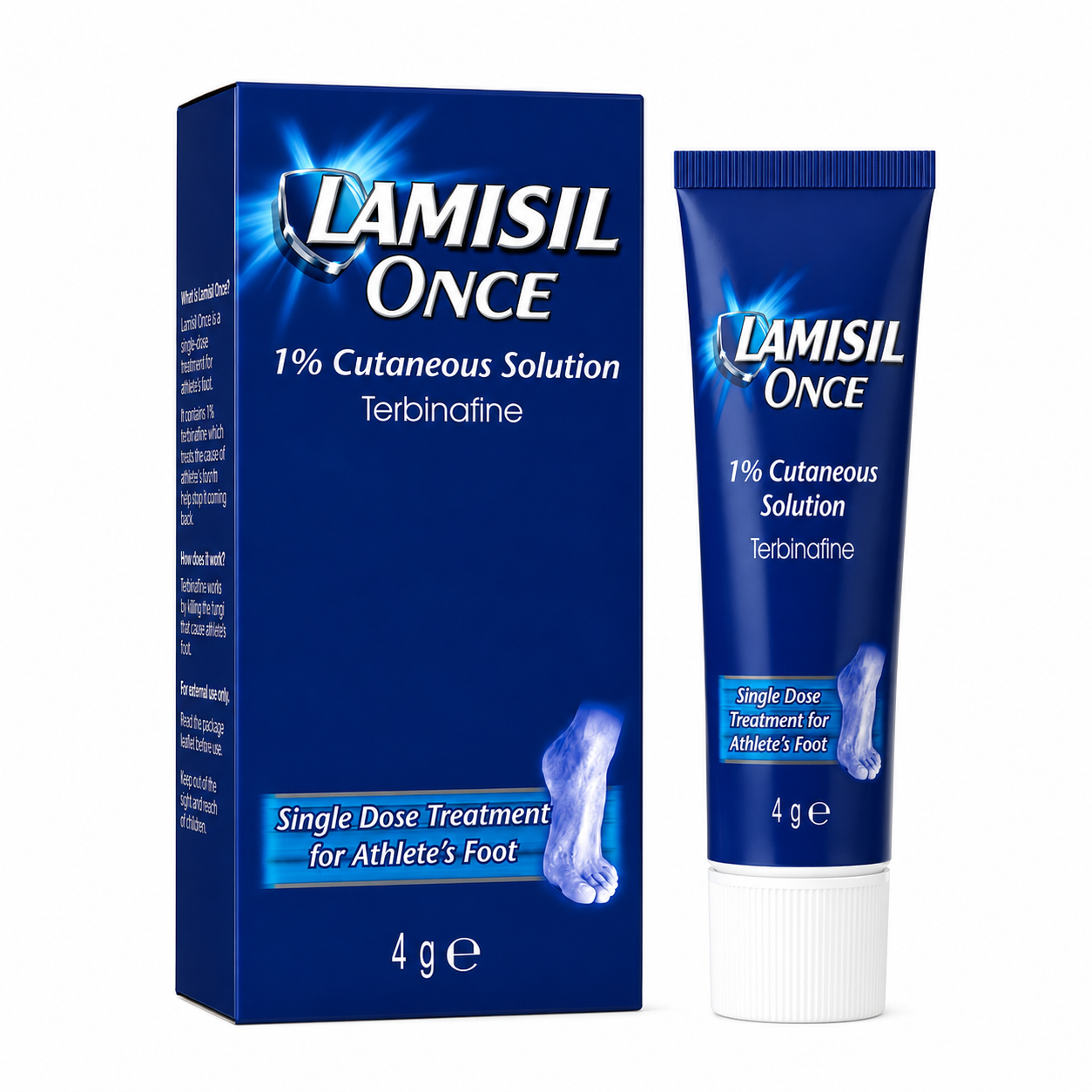 Lamisil Once packaging and tube on a white background