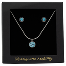 March Magnetic Mobility Birthstone Gift Set featuring a Magnetic Necklace and Stud Earrings featuring aquamarine Swarovski crystals, elegantly presented in a black box with Magnetic Mobility branding. These magnetic back earrings offer stylish pain relief.