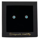 Magnetic Mobility March Birthstone Stud Earrings featuring aquamarine Swarovski crystals, elegantly presented in a black box with Magnetic Mobility branding. These magnetic back earrings offer stylish pain relief.