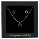 May Magnetic Mobility Birthstone Gift Set featuring a Magnetic Necklace and Stud Earrings featuring emerald green Swarovski crystals, elegantly presented in a black box with Magnetic Mobility branding. These magnetic back earrings offer stylish pain relief.