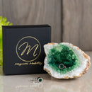 Birthstone Stud Earrings from Magnetic Mobility with green Emerald Swarovski crystals. These magnetic back earrings are perfect for fashionable pain relief and are beautifully presented with a geode and branded box.