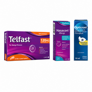 Nasacort Spray, Opticrom Allergy Eye Drops and Telfast Allergy 120mg 30 Pack Bundle