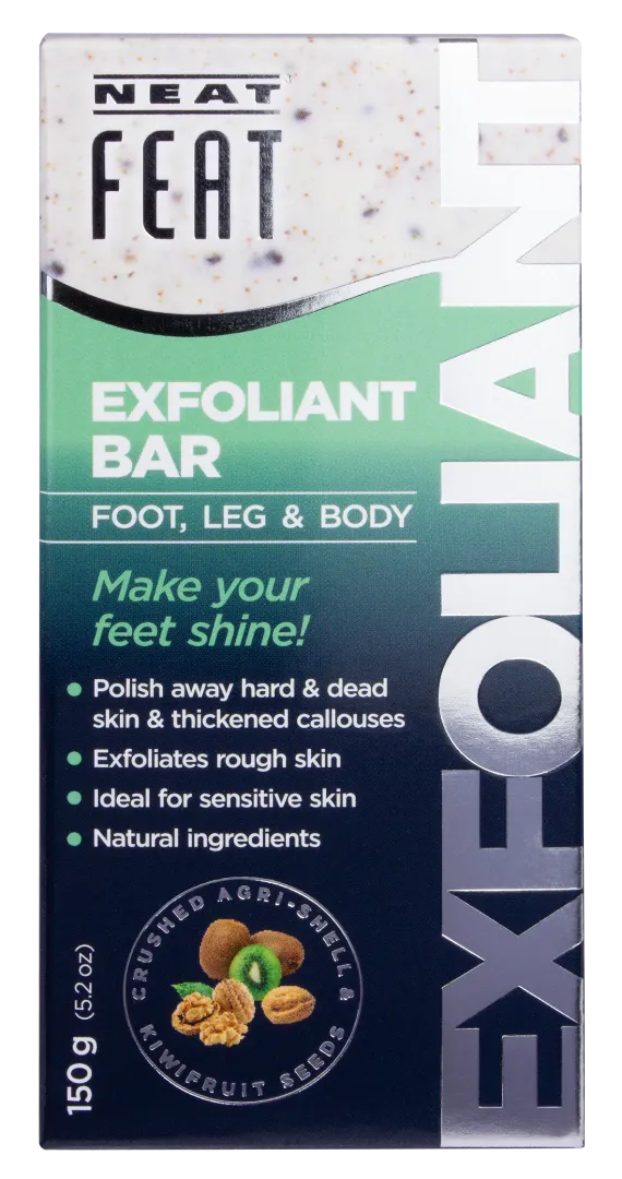 Exfoliant bar packaging with branding and product details.
