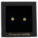 Magnetic Mobility November Birthstone Stud Earrings featuring citrine Swarovski crystals, elegantly presented in a black box with Magnetic Mobility branding. These magnetic back earrings offer stylish pain relief.
