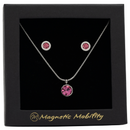 October Magnetic Mobility Birthstone Gift Set featuring a Magnetic Necklace and Stud Earrings featuring pink tourmailne Swarovski crystals, elegantly presented in a black box with Magnetic Mobility branding. These magnetic back earrings offer stylish pain relief.