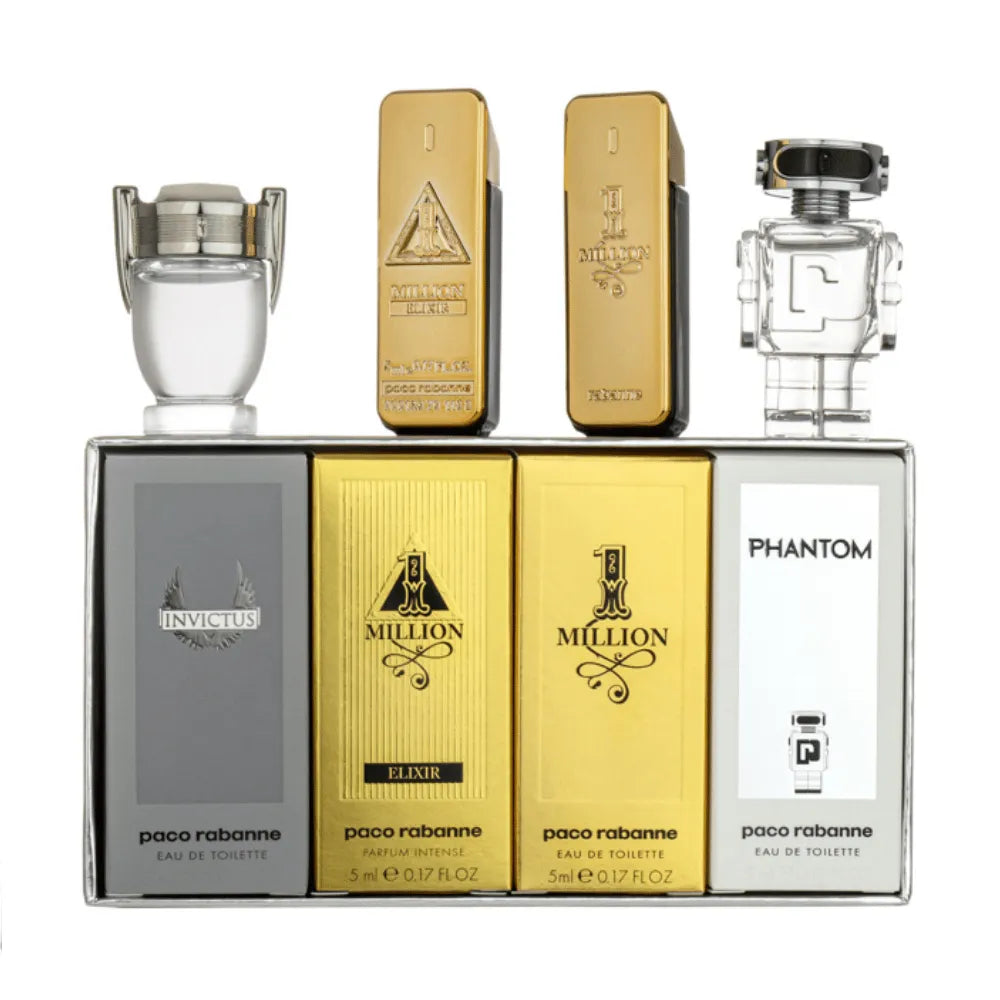 Paco Rabanne Mens 4pc Miniature Gift Set 5ml One Million Edt Spr, 5ml One Million Elixir Parfum Intense Spr, 5ml Invictus Edt Spr, 5ml Phantom Edt Spr