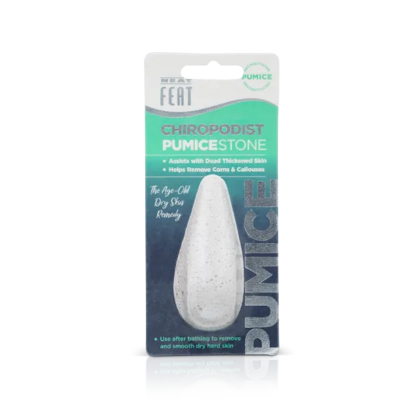 Neat Feat Foot Pumice Stone Foot Scrub, displayed standing up with green, white, and blue packaging. The clear plastic cover reveals the full pumice stone.