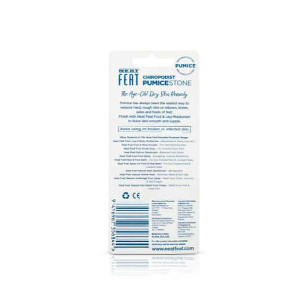 Back of Neat Feat Foot Pumice Stone Foot Scrub packaging, mostly white with blue text, logos, and a barcode.