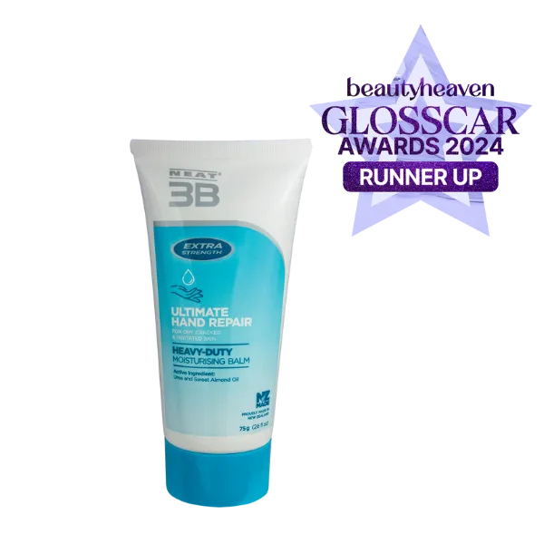 Neat Feat 3B Ultimate Hand Repair Moisturising Balm tube, blue and white with a blue cap, featuring a Beauty Heaven Glosscar Awards 2024 Runner-Up sticker in the corner.