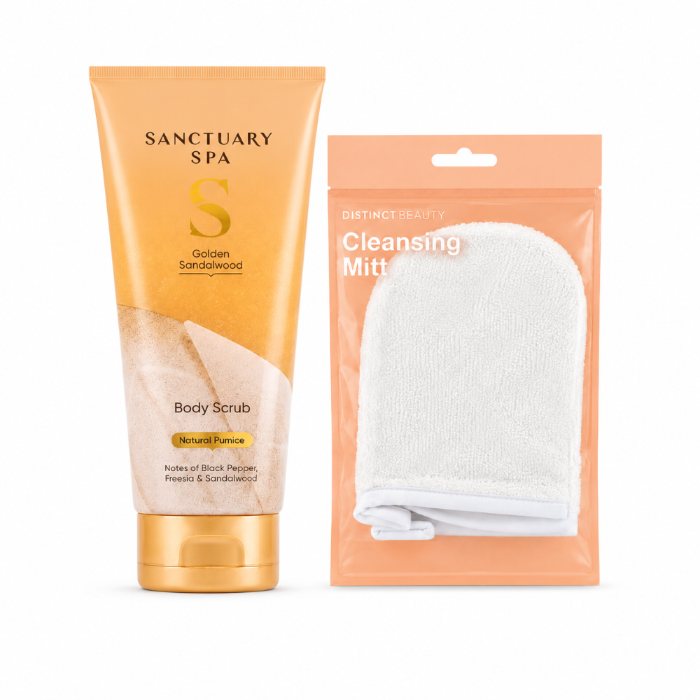Sanctuary Spa Golden Sandalwood Body Scrub & Mitt Bundle