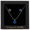 September Magnetic Mobility Birthstone Gift Set featuring a Magnetic Necklace and Stud Earrings featuring sapphire blue Swarovski crystals, elegantly presented in a black box with Magnetic Mobility branding. These magnetic back earrings offer stylish pain relief.