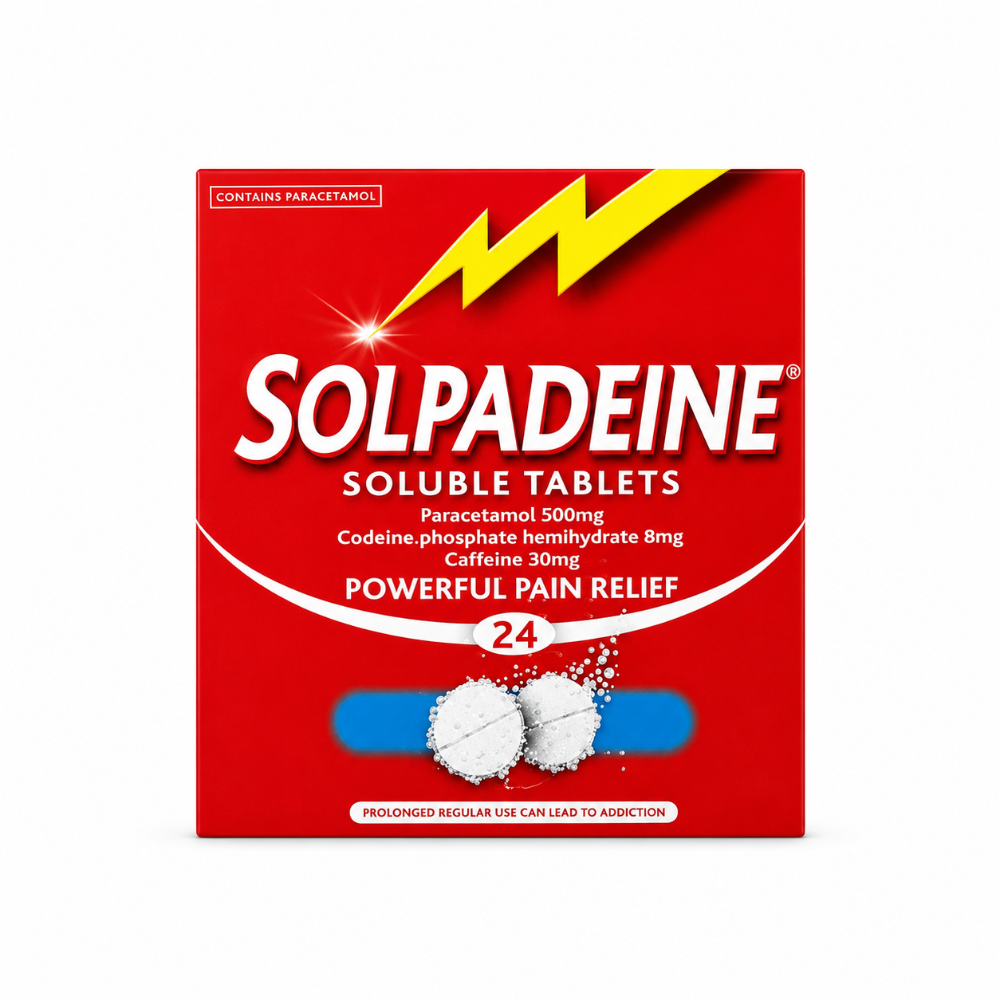Red box of Solpadeine soluble tablets on a white background