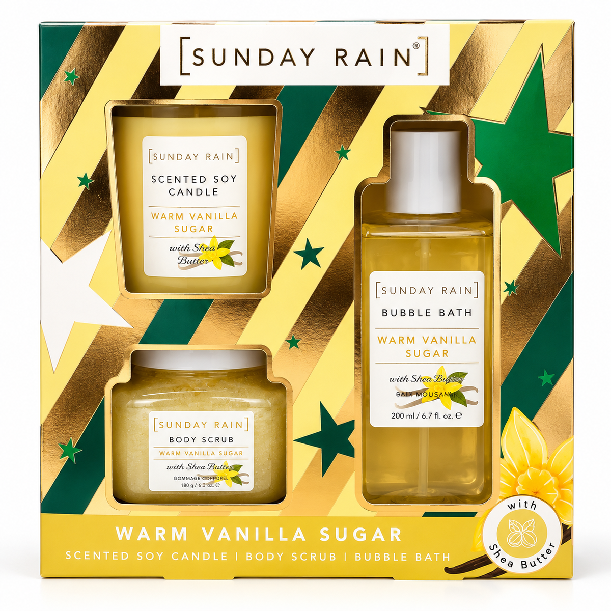 Sunday Rain Warm Vanilla Sugar Candle, Body Scrub & Bubble Bath Gift Set