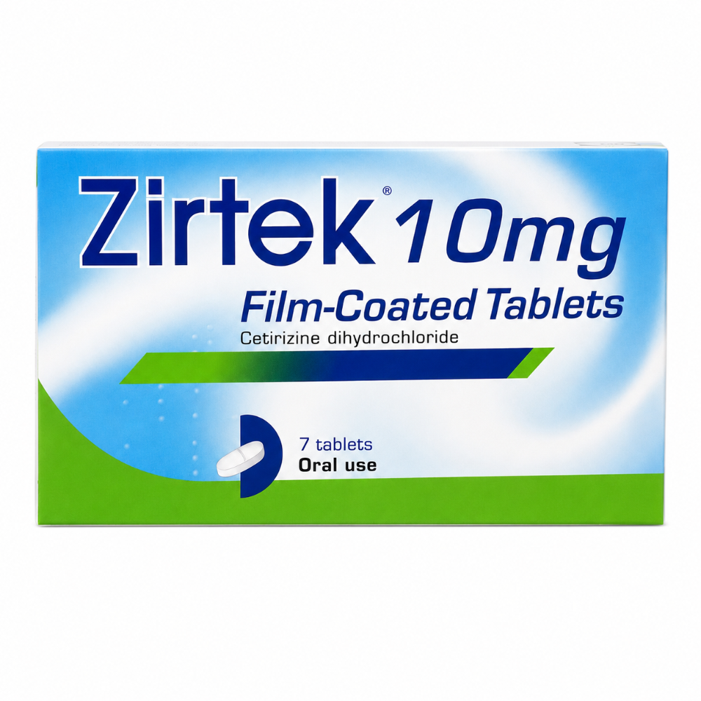 Zirtek 10mg film-coated tablets packaging on a white background