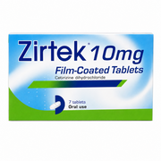 Zirtek 10mg film-coated tablets packaging on a white background