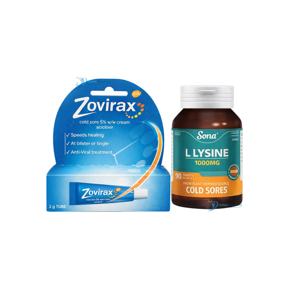 Zovirax Cream 2g & Sona Lysine 1000mg 90 Pack Bundle