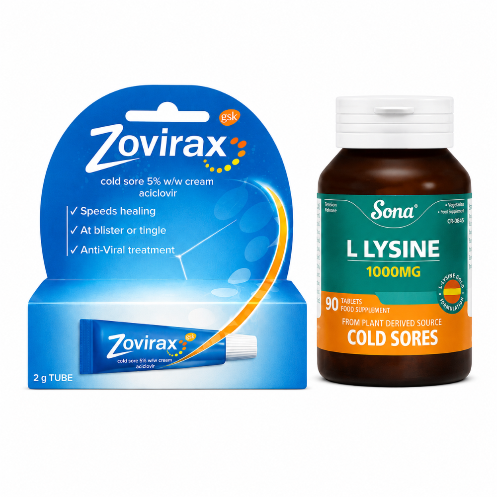 Zovirax Cream 2g & Sona Lysine 1000mg 90 Pack Bundle