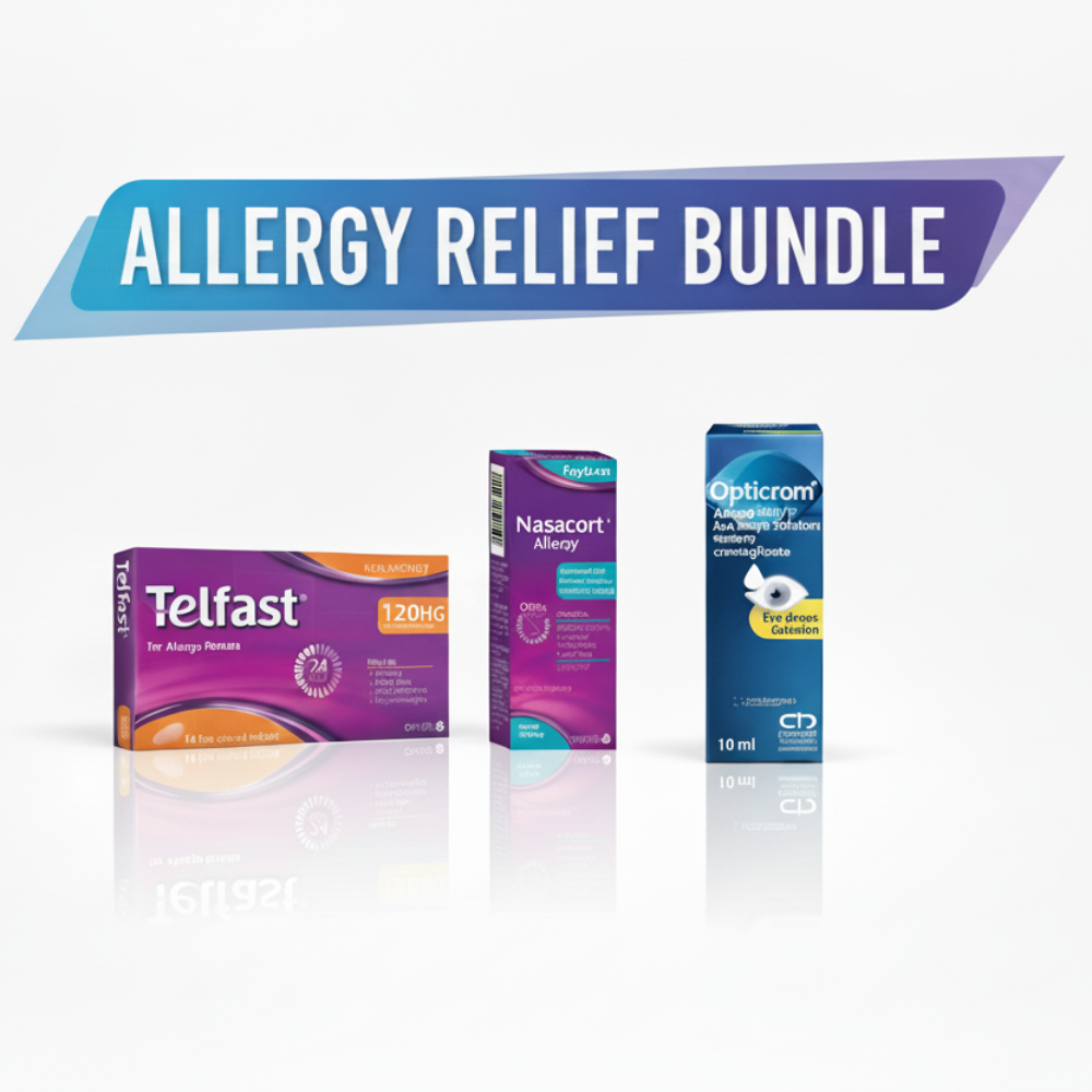 Nasacort Spray, Opticrom Allergy Eye Drops and Telfast Allergy 120mg 30 Pack Bundle