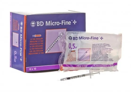 BD MicroFine+ 0.5ml Insulin Syringe with 30G x 8mm Needles - 100 Pack