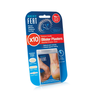 Neat Feat Blister Plasters for pain relief, protection against rubbing, and fast wound healing. The packaging is mostly blue with an image showing the blister plaster applied to a heel, highlighting its protective and healing properties.