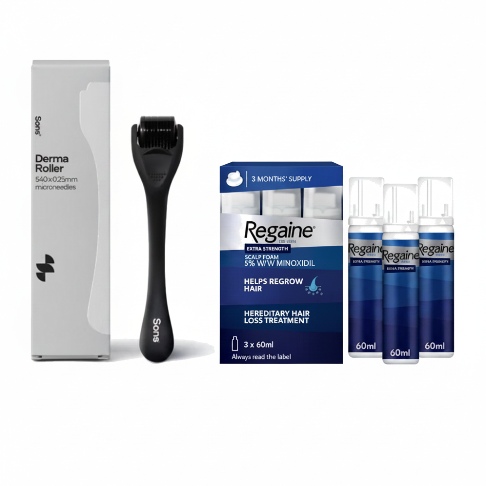 Regaine 5% Foam For Men 3 Month Supply and SONS 0.25mm Derma Roller Bundle