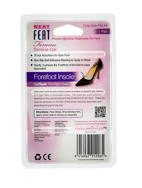 Back of the Neat Feat Femme Gel Forefoot Insole packaging, mostly pink with mostly black text, displaying product details, usage instructions, and benefits for forefoot protection and comfort.
