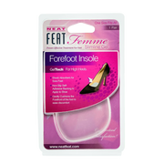 Neat Feat Femme Gel Forefoot Insole, in mostly pink packaging with mostly white text, featuring a clear plastic cover that exposes the white, semi-translucent gel insoles inside. The front includes an image of a shoe showing where to place the insoles for forefoot protection and comfort.