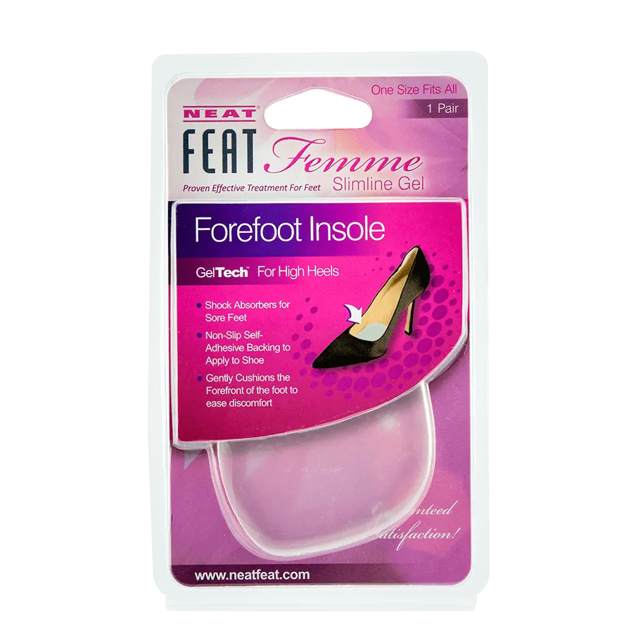 Neat Feat Femme Gel Forefoot Insole, in mostly pink packaging with mostly white text, featuring a clear plastic cover that exposes the white, semi-translucent gel insoles inside. The front includes an image of a shoe showing where to place the insoles for forefoot protection and comfort.