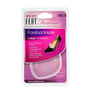 Neat Feat Femme Gel Forefoot Insole, in mostly pink packaging with mostly white text, featuring a clear plastic cover that exposes the white, semi-translucent gel insoles inside. The front includes an image of a shoe showing where to place the insoles for forefoot protection and comfort.
