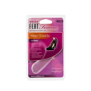 Neat Feat Femme Gel Heel Shield, in mostly pink packaging with mostly white text, featuring a clear plastic cover that exposes the white, semi-translucent gel heel shields inside. The front includes an image of a shoe showing where to place the gel shields for heel protection and comfort.