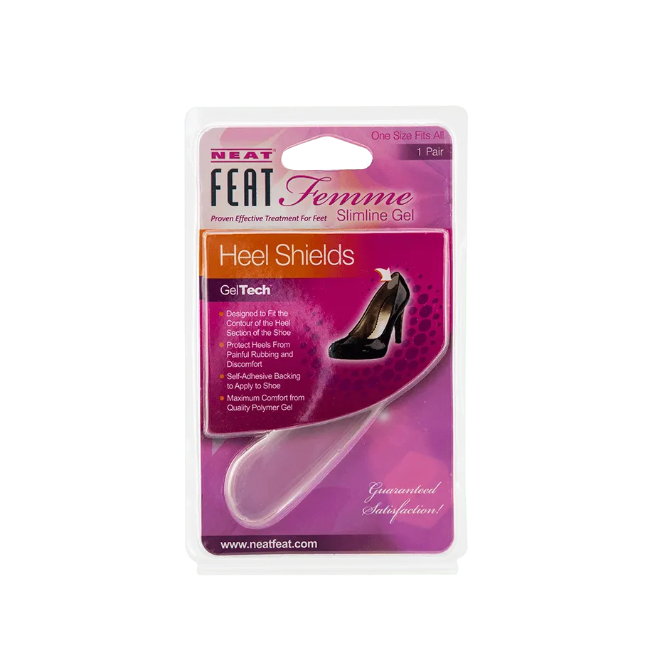 Neat Feat Femme Gel Heel Shield, in mostly pink packaging with mostly white text, featuring a clear plastic cover that exposes the white, semi-translucent gel heel shields inside. The front includes an image of a shoe showing where to place the gel shields for heel protection and comfort.